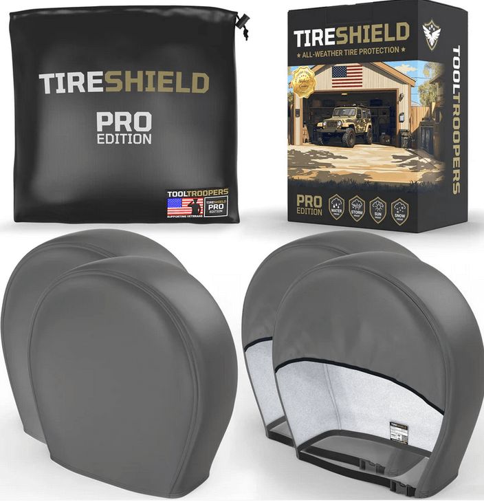 Tool Troopers TireShield PRO Edition RV tire covers shown in packaging, pouch, and installed display views.